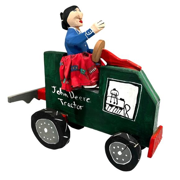 Delbert Buck Navajo Folk Art Wood Carving-Woman and John Deere Tractor-Signed - Picture 1 of 11